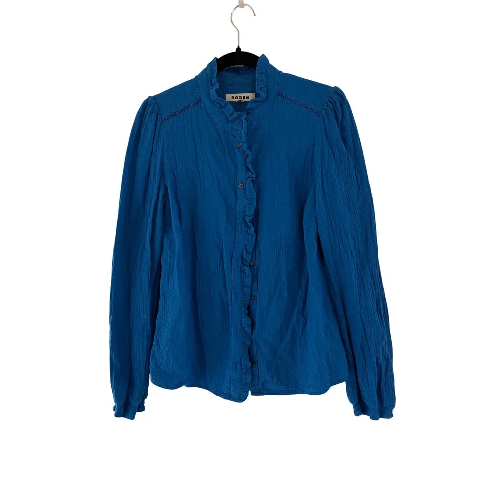 Boden Helena Double Cotton Top Blue Ruffle Button Front Blouse T1902 US 6